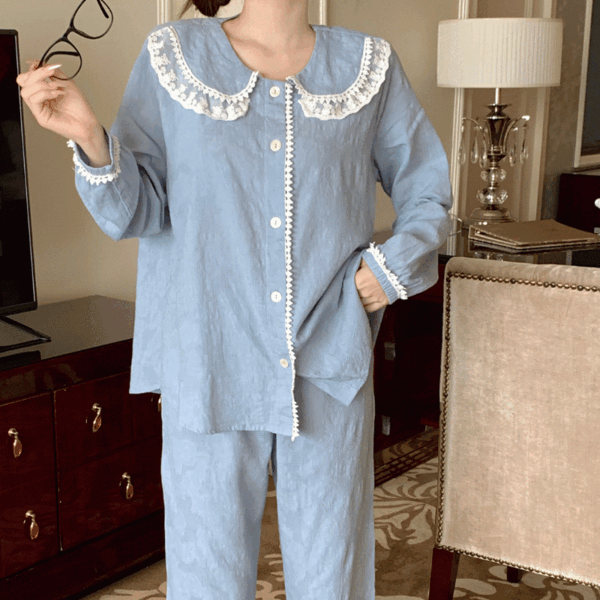 블루 레이스 카라 버튼 물결 긴팔 바지 파자마 잠옷 세트 셋업 홈웨어