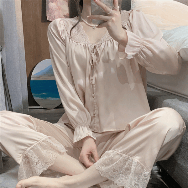 핑크 브이넥 레이스 리본 버튼 바지 파자마 잠옷 세트 셋업 홈웨어