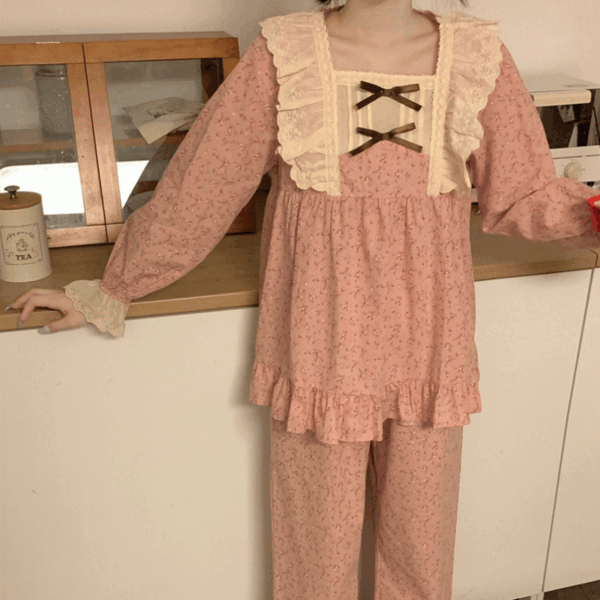 핑크 러블리 프릴 레이스 리본 플라워 패턴 긴팔 바지 파자마 잠옷 세트 셋업 홈웨어