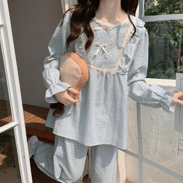 블루 체크 레이스 리본 긴팔 바지 파자마 잠옷 세트 셋업 홈웨어