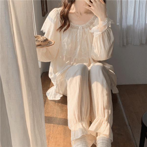 러블리 플라워 레이스 라운드넥 리본 긴팔 바지 파자마 잠옷 세트 셋업 홈웨어