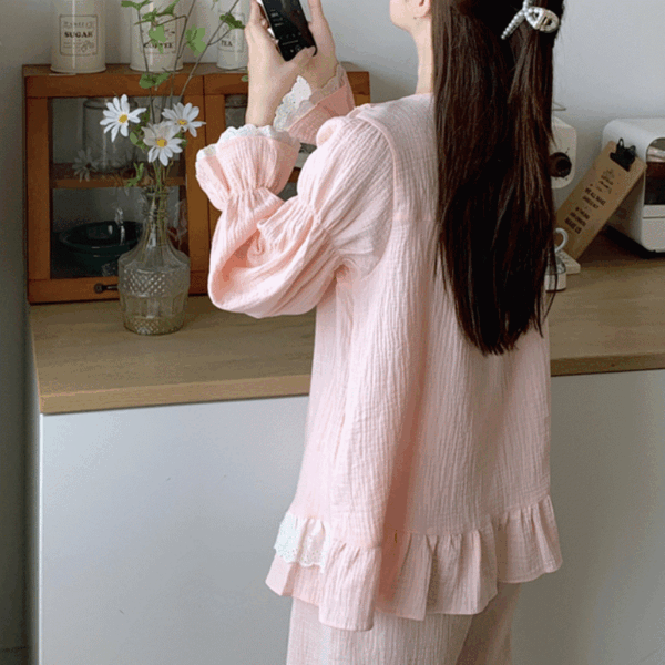 핑크 러블리 레이스 더블카라 리본 버튼 긴팔 바지 파자마 잠옷 세트 셋업 홈웨어