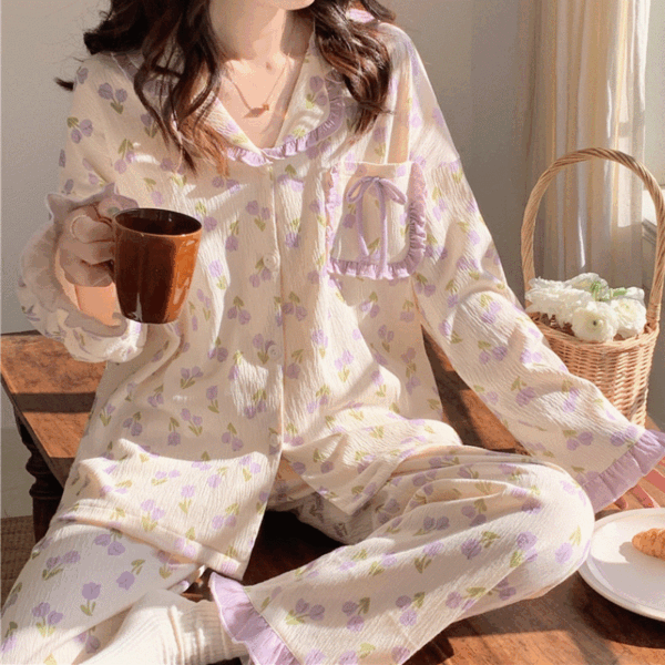 퍼플 플라워 패턴 프릴 카라 포켓 리본 긴팔 바지 파자마 잠옷 세트 셋업 홈웨어