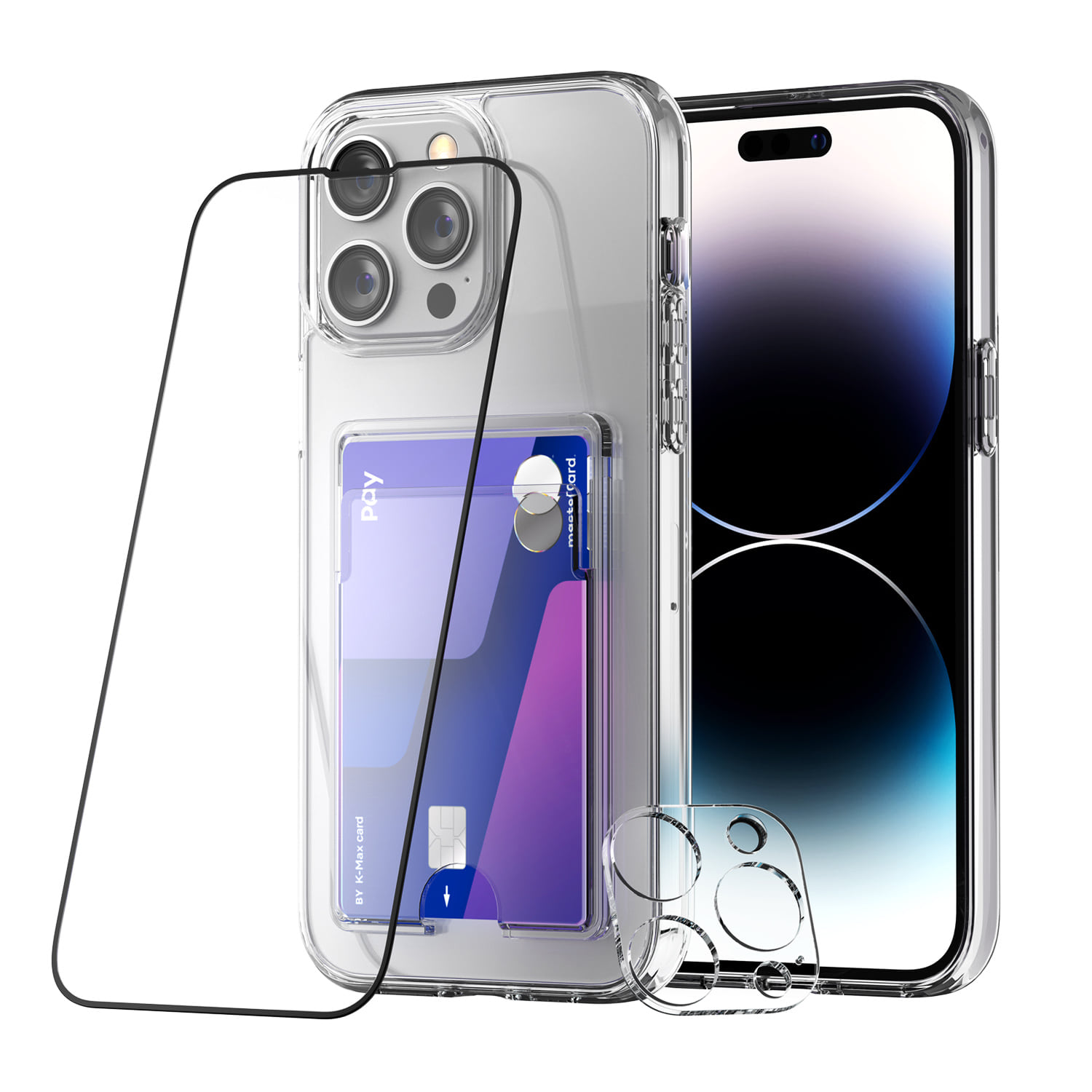 아이폰14 시리즈 카드포켓 클리어핏 투명 케이스+액정 강화유리+카메라 필름 풀세트 (카드수납 2장가능)