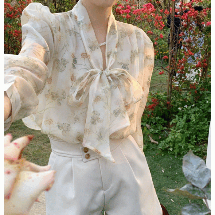 (2024신상♡봄신상) 여성 꽃 시스루 리본 블라우스