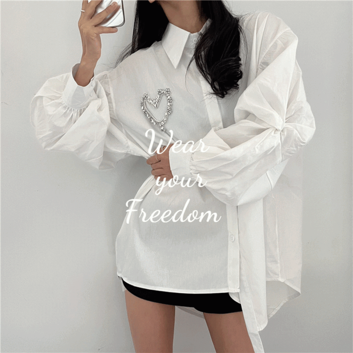 [봄/루즈핏]여성 캐주얼 퍼프 하트 셔츠 블라우스2col