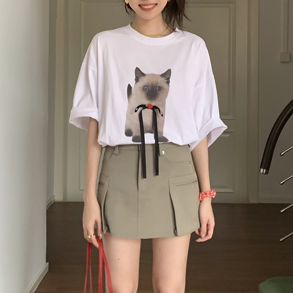 귀여운 고양이 입체리본 라운드넥 반팔티셔츠