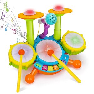 Kids Drum Set Musical Toys for Toddlers 1-3 with 2 Drum Sticks Microphone Ins P3529595