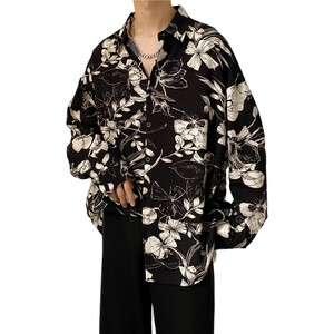 조폭셔츠 오버핏 남자 하와이안셔츠 긴팔 남성 봄 캐주얼 꽃 셔츠 옵션1