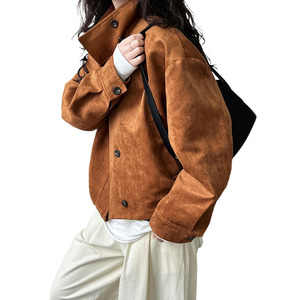 여성 스웨이드 브라운 코트 루즈핏 실루엣 하이넥 스웨이드 재킷 PF