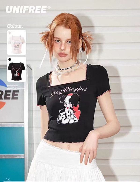 UNIFREE Square Collar Short Sleeve T-shirt Small Shoulder Short 