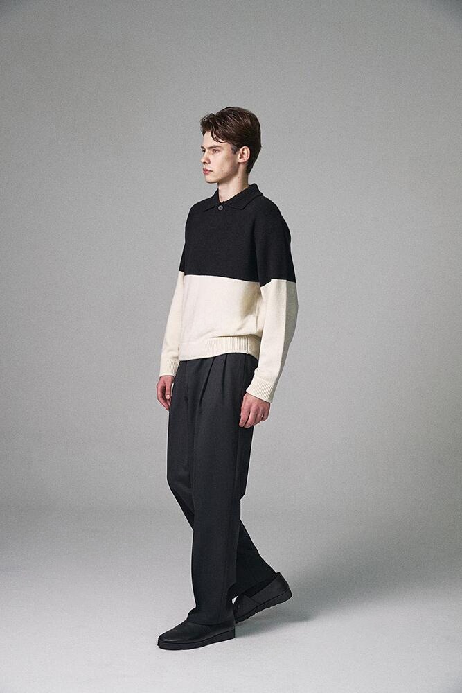 WOOL BLEND POLO SWEATER - BLACK/IVORY