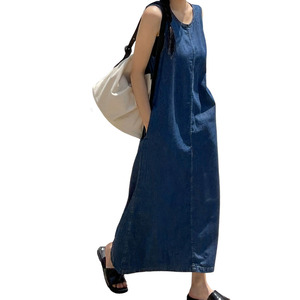 프랑스 세련된 큰 U 넥 데님 조끼 민소매 드레스 여성 여름 새로운 느슨한 복고풍 롱 스커