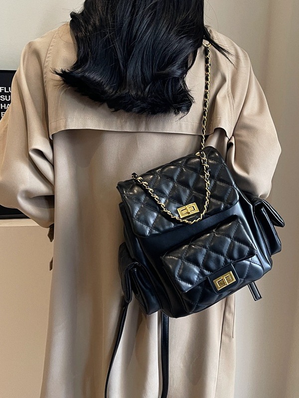 마름모 퀼팅 골드체인 여성 포켓 백팩 보부상 데일리 출근 가방