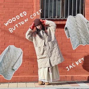 Wooden button cozy jacket 나무단추 플라워 패턴 퀼팅 누빔 겨울 롱자켓
