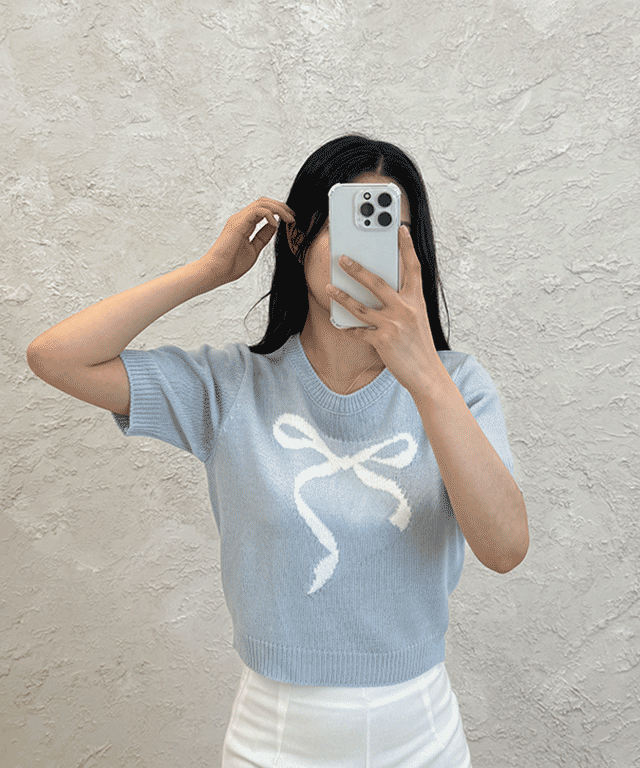 리본 포인트 라운드 크롭 스웨터 여성 니트 국내생산 파스텔 티셔츠 4색상