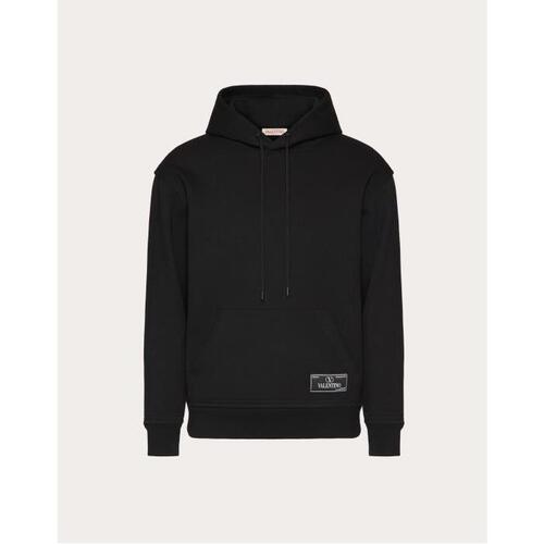 발렌티노 남성 후드티 후드집업 Technical Cotton Sweatshirt With Hood And Maison Valentino Tailoring Label for Man in Black | Valentino GB VMF26L9K8_0NO