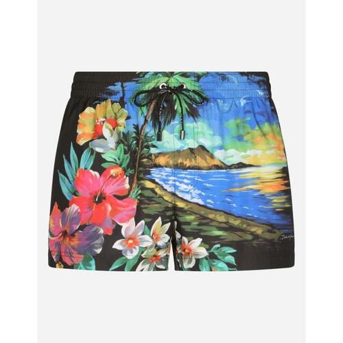 돌체앤가바나 남성 비치웨어 Short swim trunks with Hawaiian print M4A06TFHMRDHH4JJ