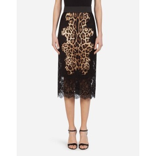 돌체앤가바나 여성 스커트 Leopard print satin midi skirt with lace inserts F4BHCTFSAXYHY13M
