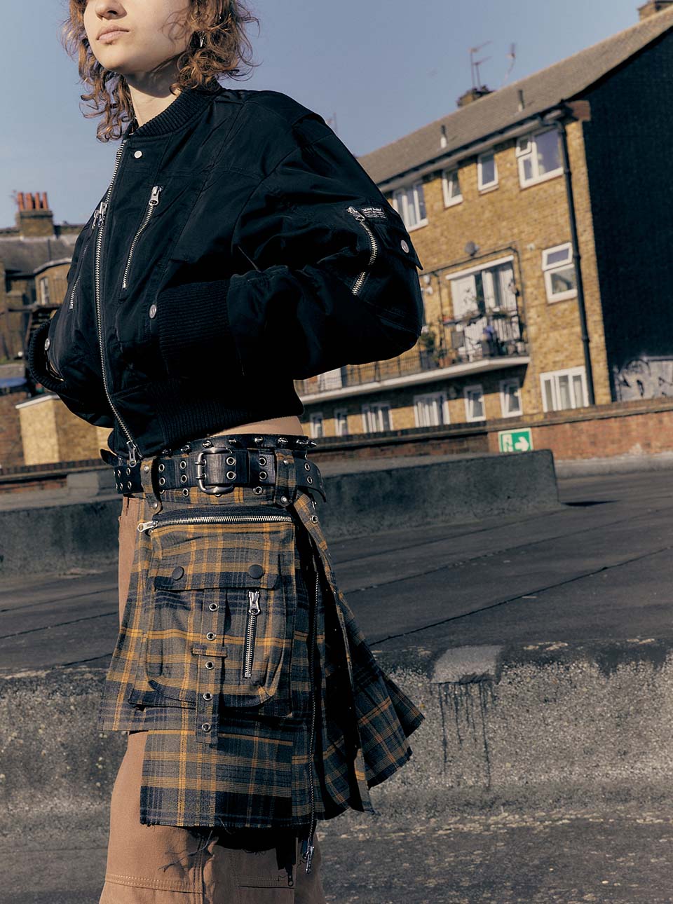 BAJESS LAYERED SKIRT BELT CHECK GREY - vacantarchive