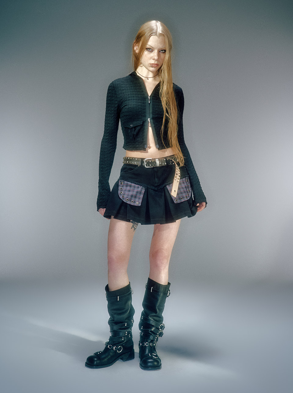 スカート VACANT Archive : 24FW / ROEL LAYERED CARPENTER SKIRT BELT BAJESS LAYERED SKIRT BELT CHECK GREY - vacantarchive
