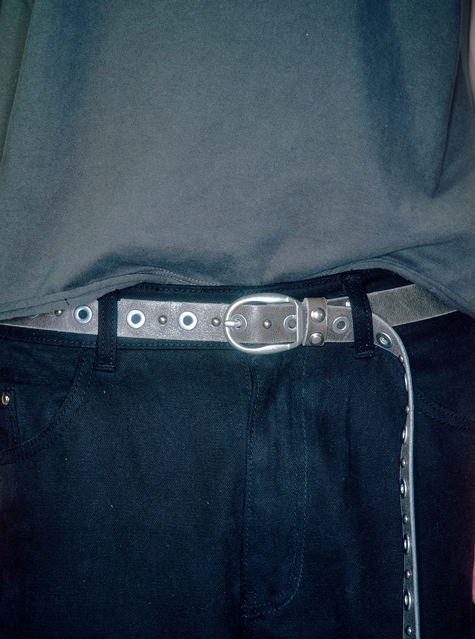 ベルト VACANT Archive : 25SS / LINKIN SKINNY EYELET BELT (CHECK) Thin leather belt with lion bit Black / Gray For Women | Maje