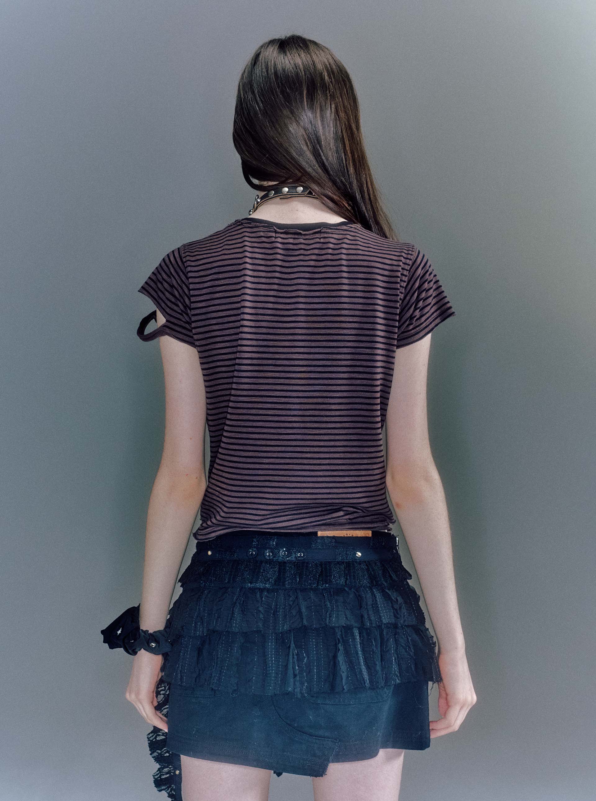 【VACANT ARCHIVE】OVAN DAMEGED STRIPE T-SHIRT MEN OVAN DAMEGED STRIPE T-SHIRT BROWN - vacantarchive