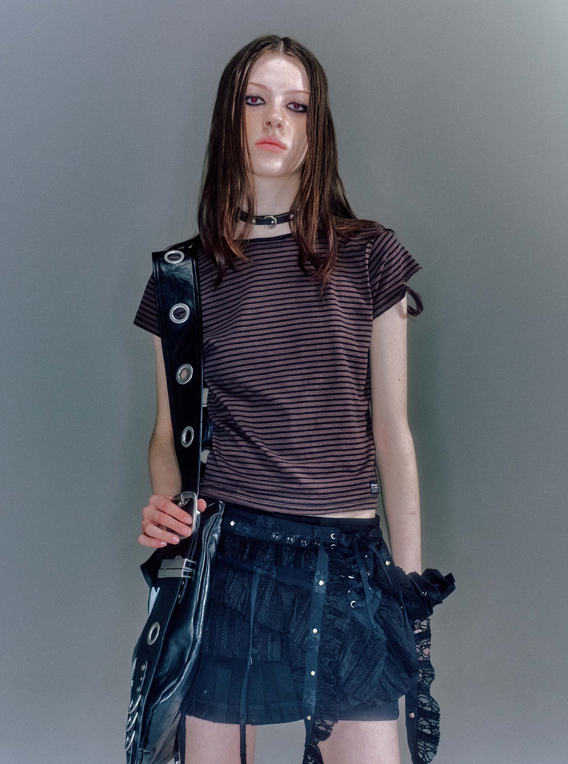 【VACANT ARCHIVE】OVAN DAMEGED STRIPE T-SHIRT MEN OVAN DAMEGED STRIPE T-SHIRT BROWN - vacantarchive