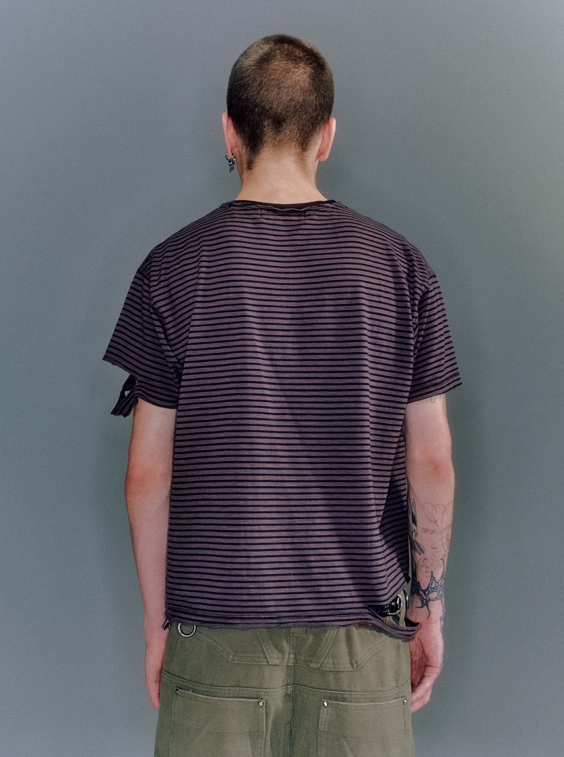 【VACANT ARCHIVE】OVAN DAMEGED STRIPE T-SHIRT MEN OVAN DAMEGED STRIPE T-SHIRT BROWN - vacantarchive