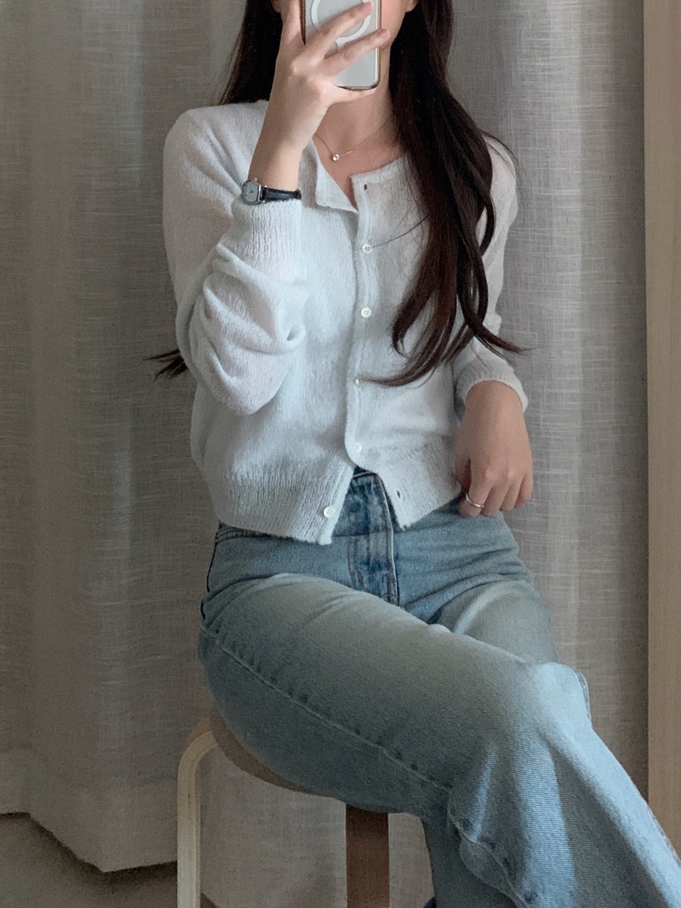 네프 여성 긴팔 봄 레이어드 이너 모헤어 크롭 라운드넥 루즈핏 니트 가디건