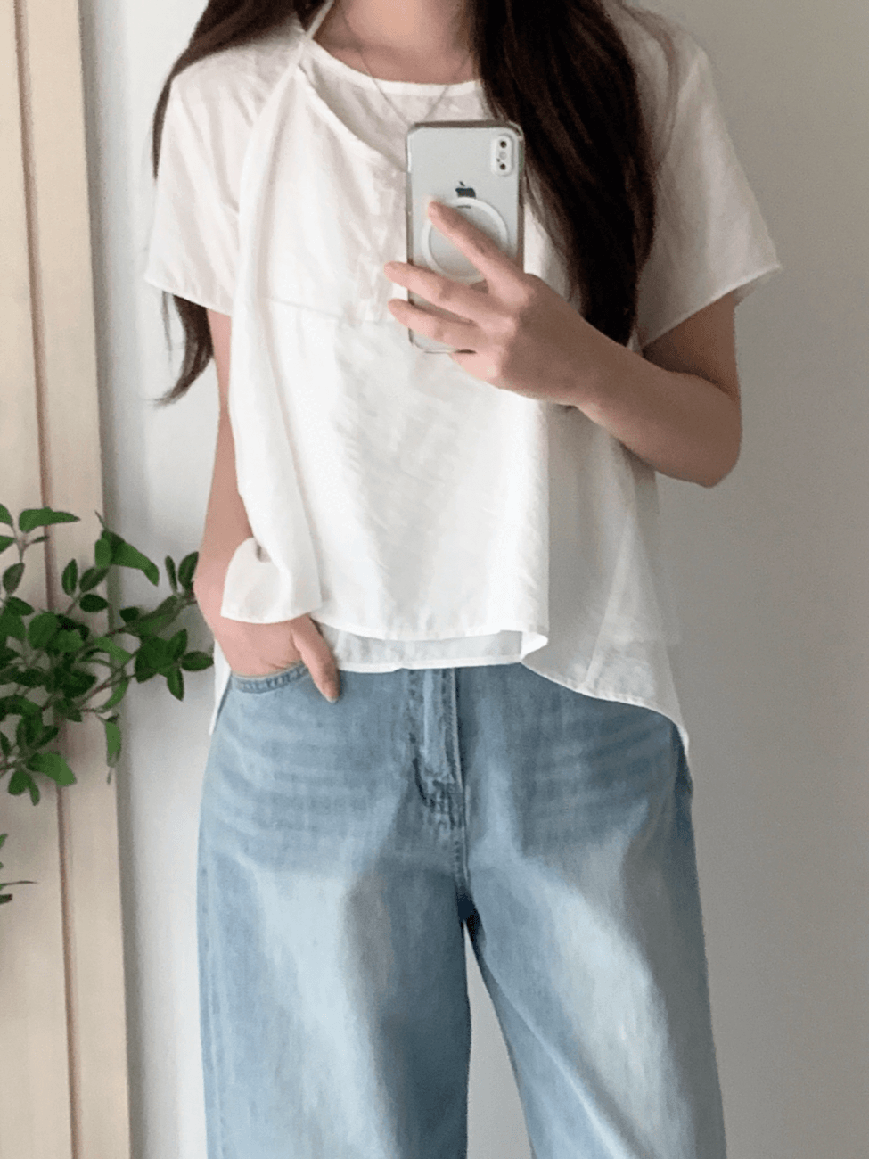 포코 여성 여름 반팔 레이어드 홀터넥 뷔스티에 라운드넥 티셔츠 세트
