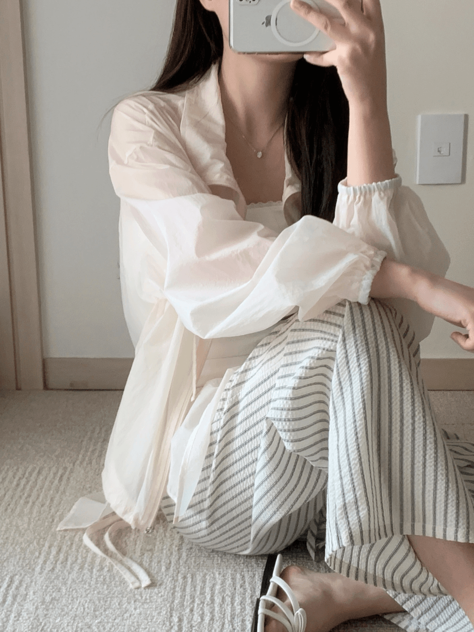 히얼 여성 봄 여름 하이넥 카라 스트링 시스루 루즈핏 바람막이 점퍼