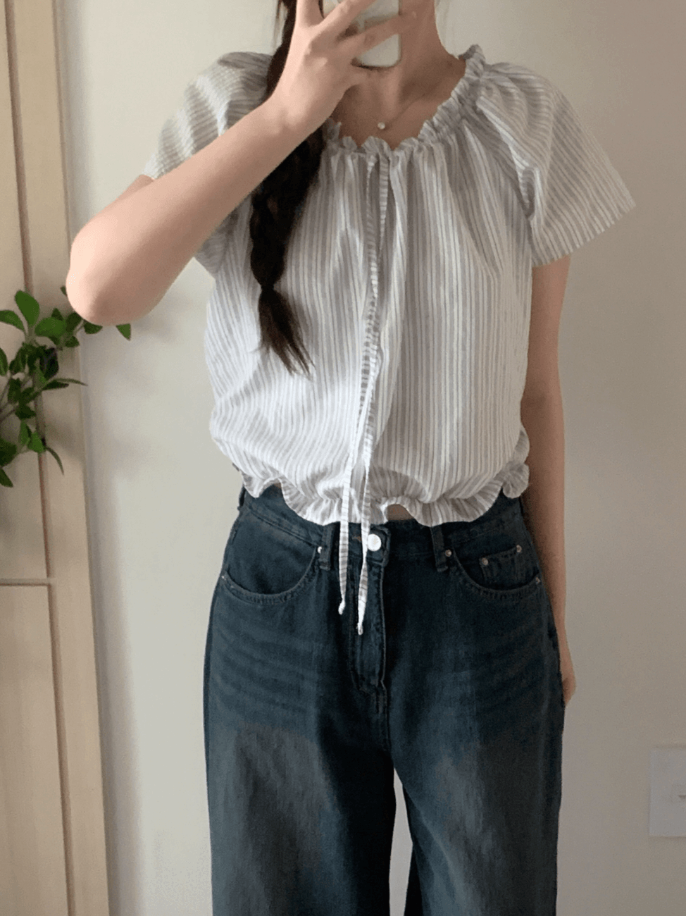 바질 여성 여름 반팔 스트라이프 라운드넥 오프숄더 밴딩 루즈핏 블라우스