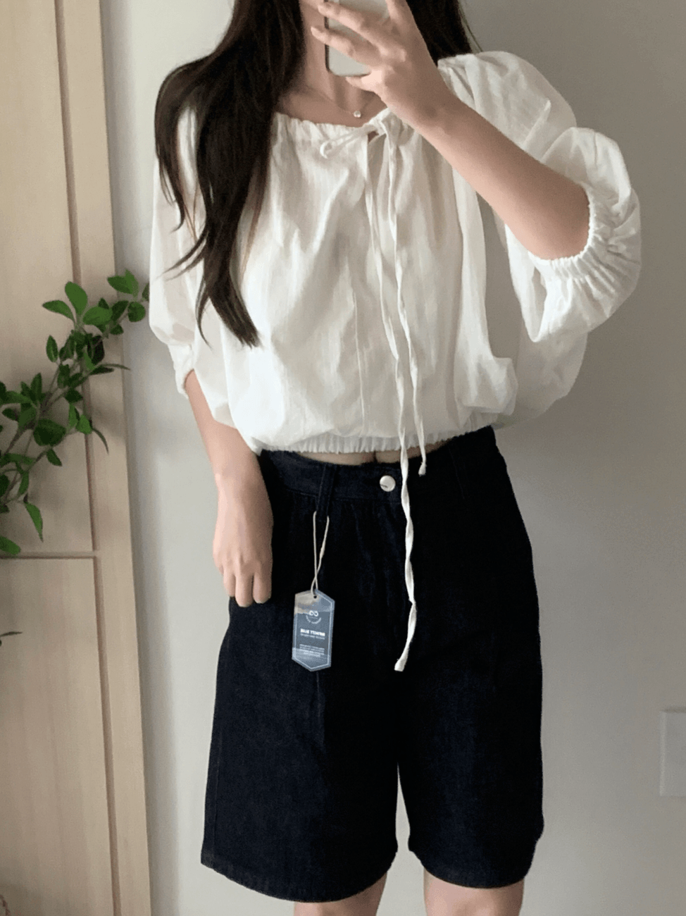 니모 여성 여름 반팔 스트라이프 레이스 스트링 밴딩 루즈핏 블라우스