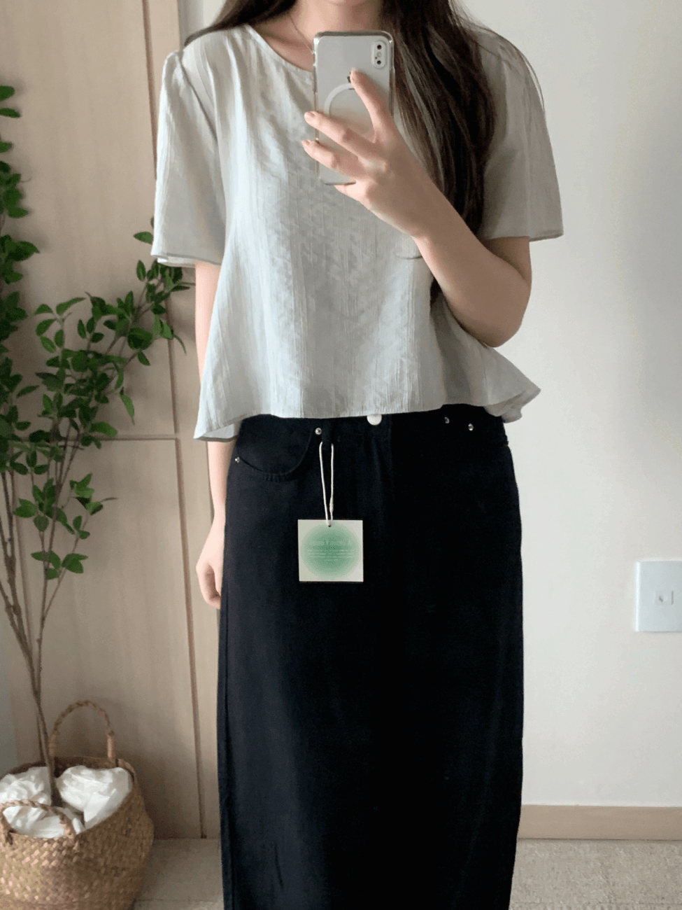 모즈 여성 여름 반팔 무지 라운드넥 플레어 루즈핏 블라우스