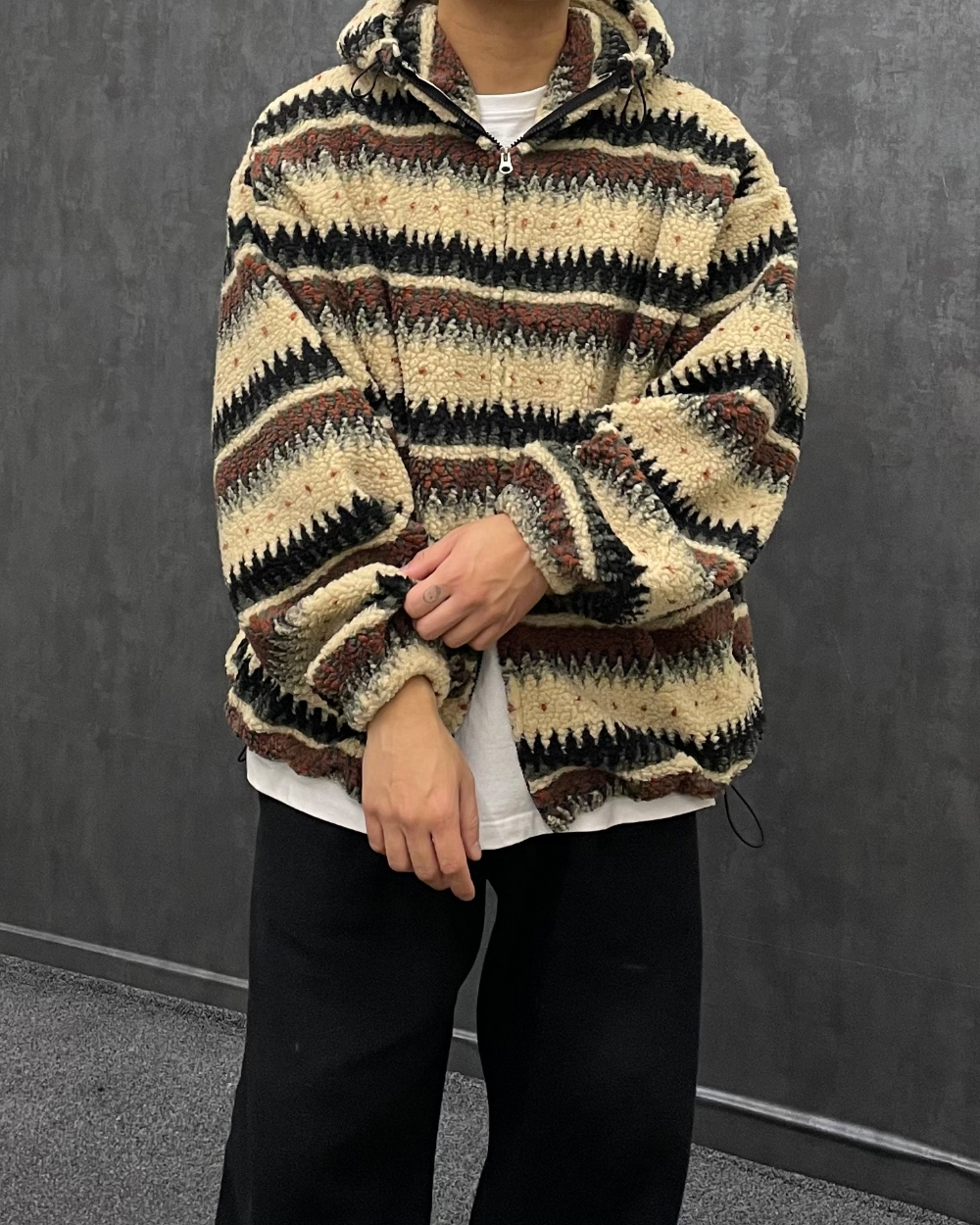 [2컬러] 귀여운 스타일, 포근 뽀글이 패턴 양털 투웨이 후리스 후드점퍼 노르딕 크리스마스 연말룩 상세 이미지 12