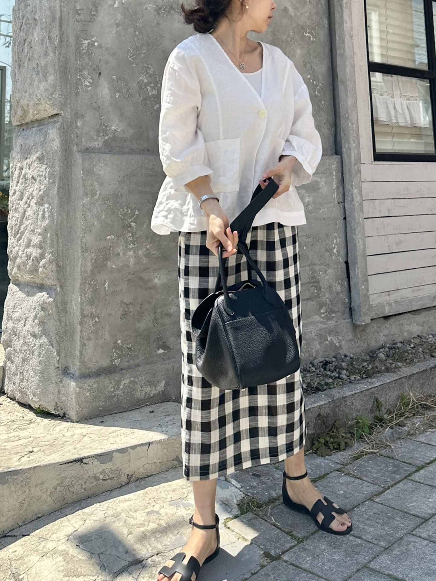 봉블 체크 린넨스커트(2컬러)