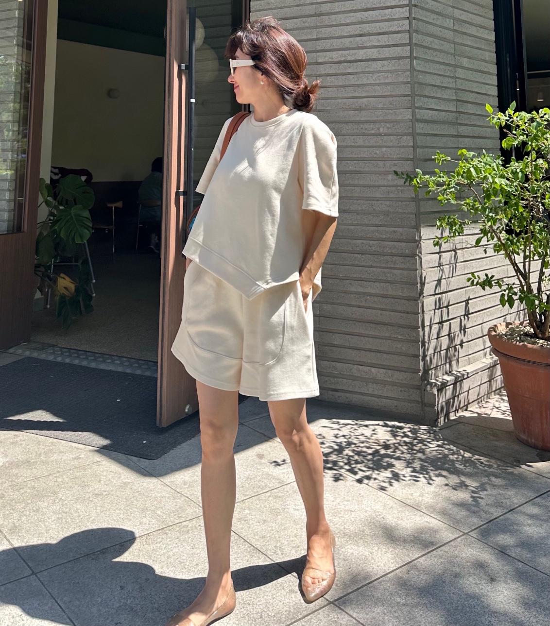 밀크 사선 반바지세트