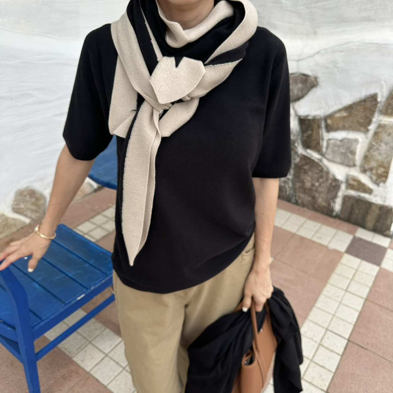 삼각 블랙 홀가 니트숄
