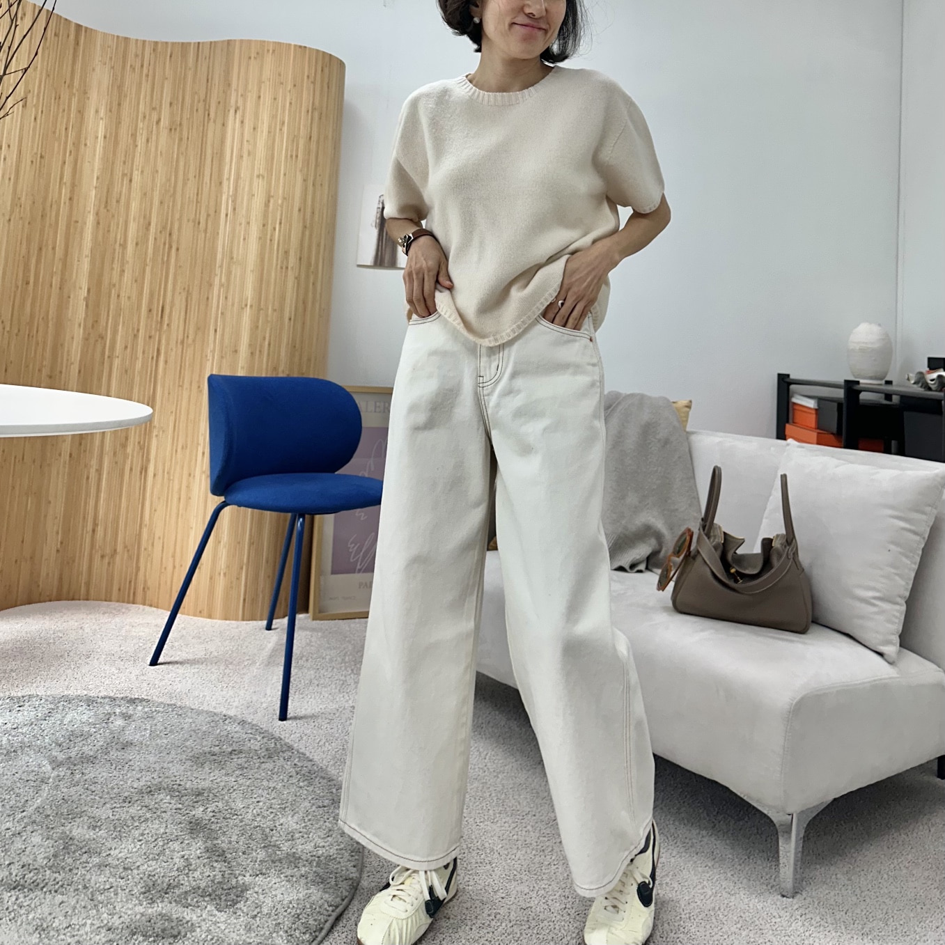 (여유일자핏) 마누클 크림 스티치 팬츠