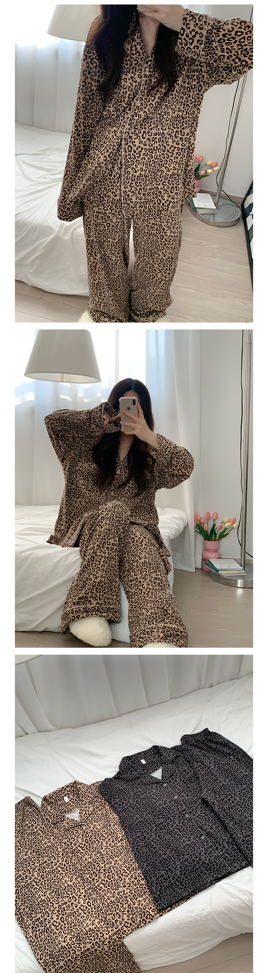 [기모🔥][인생핏] 수면잠옷 호피 레오파드 여성 약기모 벨벳 잠옷 파자마 세트 상세 이미지 19