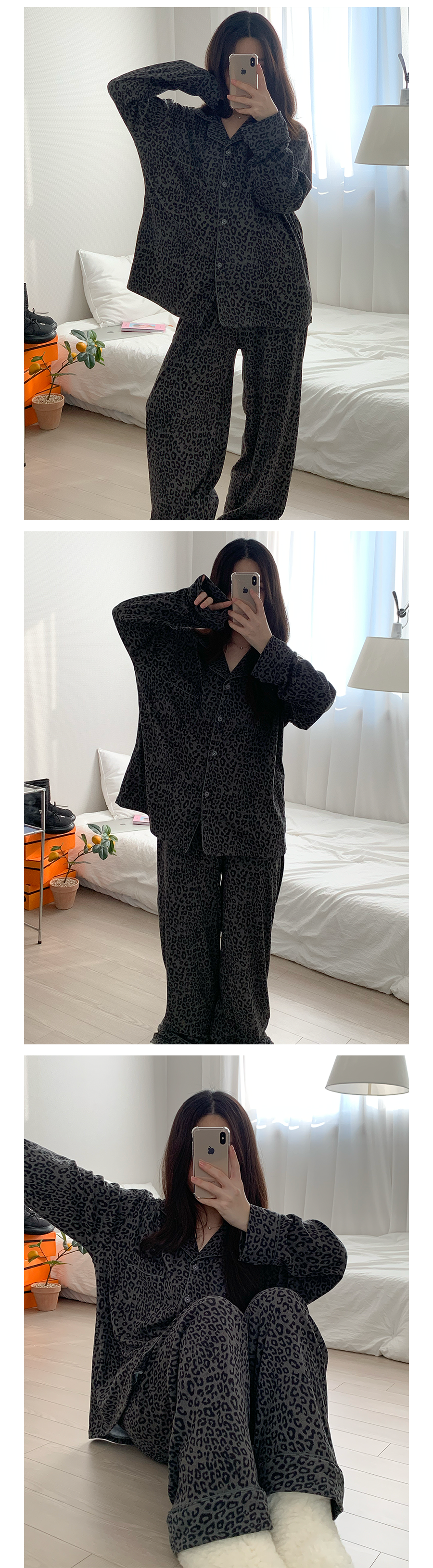 [기모🔥][인생핏] 수면잠옷 호피 레오파드 여성 약기모 벨벳 잠옷 파자마 세트 상세 이미지 6