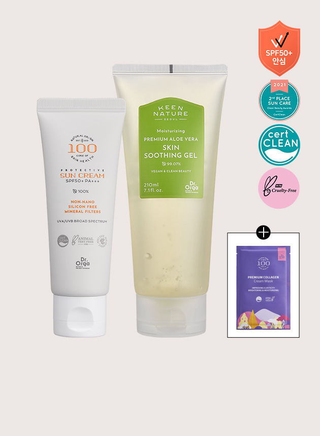 [민감 피부 전용] 닥터올가 100 무기자차 선크림 SPF50+/PA+++ 50ml+알로에 스킨 수딩젤 210ml+[증정] 콜라겐 마스크팩 1매