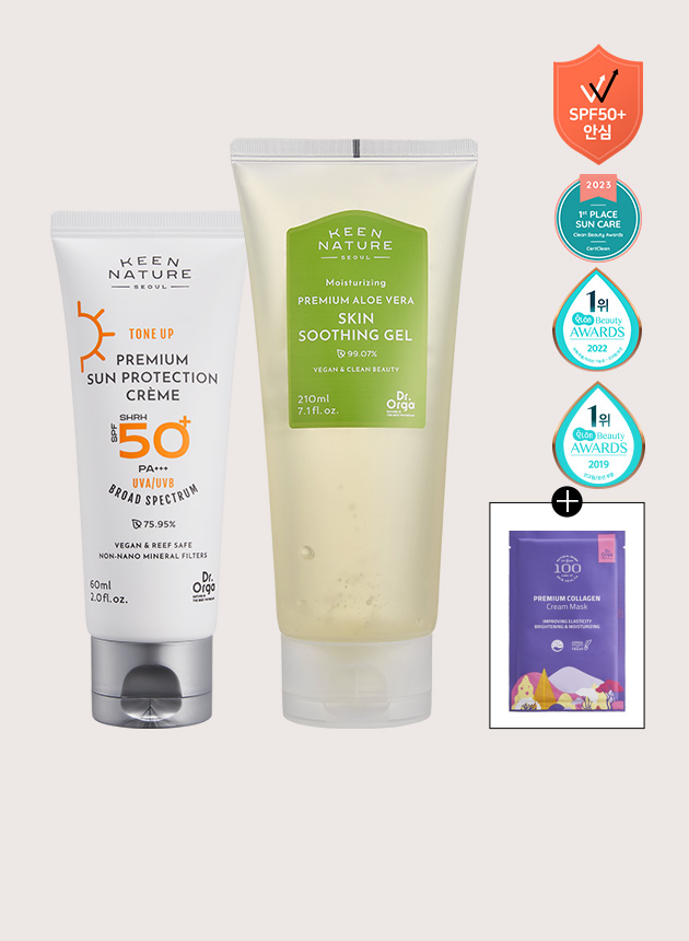 [파데 프리] 닥터올가 프리미엄 썬 프로텍션 톤업 선크림 SPF50+/PA+++ 60ml + 알로에 스킨 수딩젤 210ml+[증정] 콜라겐 마스크팩 1매