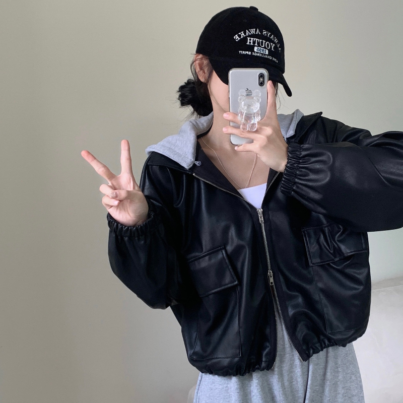 フード付きオーバーサイズレザージャケット Rocky Monroe 革ジャン ライダース オーバーサイズPUレザー A-2