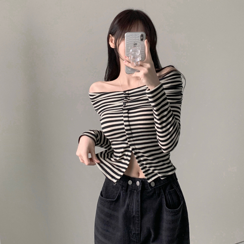 リブボーダーストライプボタンオフショル長袖Tシャツ | ファッション