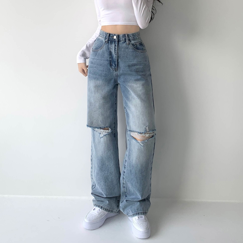 ヴィンテージストーンウォッシュダメージワイドデニムパンツ