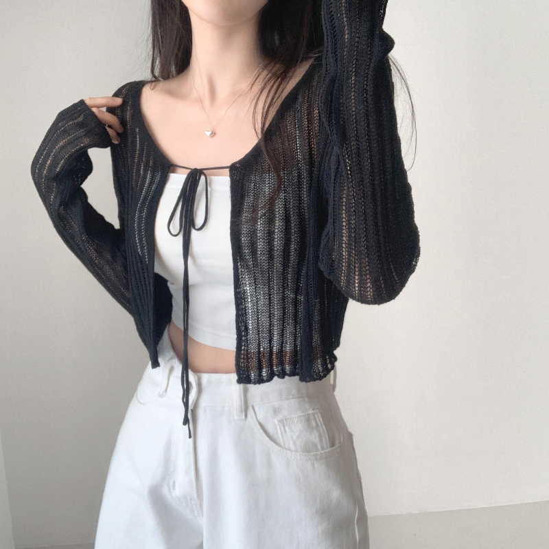 Sixh. 燕尾カーディガン ブラック シースルー antiqua カーディガン レディース トップス 長袖 千鳥柄 送料
