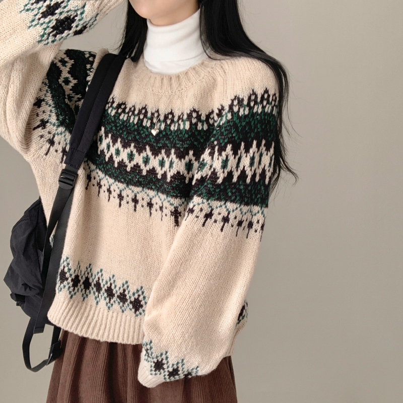 ヴィンテージアクリルジャガードノルディック柄長袖ニット