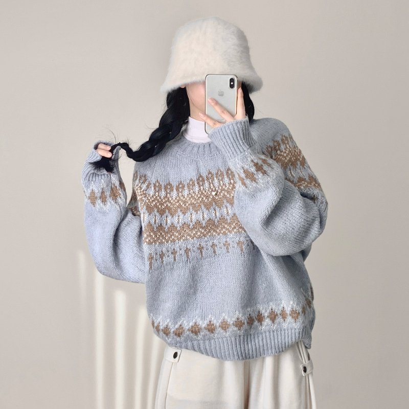 ヴィンテージアクリルジャガードノルディック柄長袖ニット